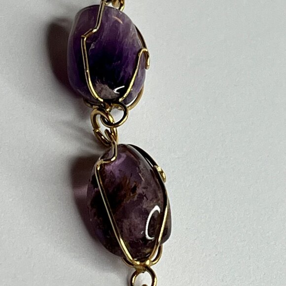 Purple Beaded Necklace With Gold Wire Wrap Long Layered Style Statement Jewelry - Picture 4 of 4